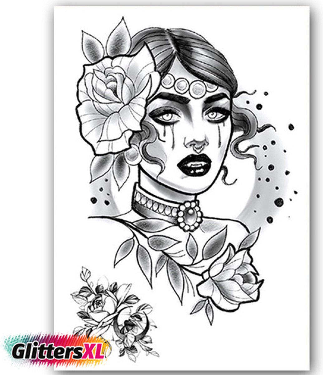 GlittersXL - Temporary Tattoo Vrouw/Bloemen/Rozen (A5 formaat) [Neptattoo - Tijdelijke tatoeage - Nep Fake Tattoos - Water overdraagbare festival sticker henna outfit tattoo - Glitter tattoo - Volwassenen Kinderen Jongen Meisje]